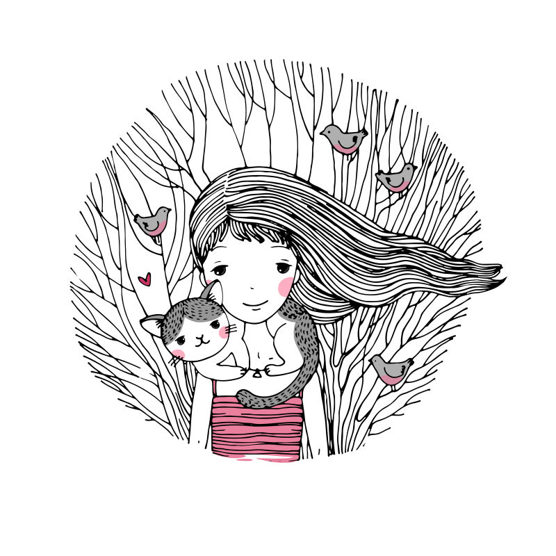 手绘的女孩和猫矢量插图