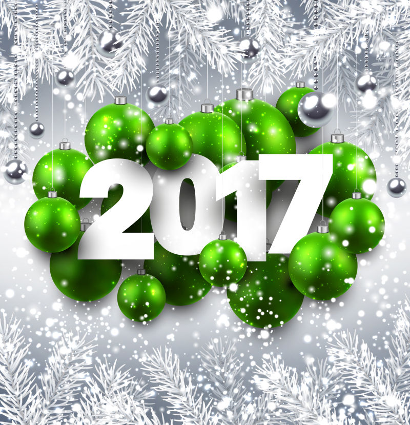 2017新年背景与绿色圣诞球矢量