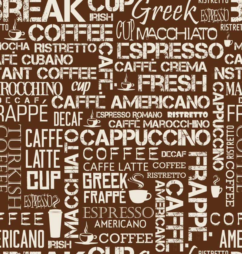 矢量咖啡字和符号的无缝瓦片背景