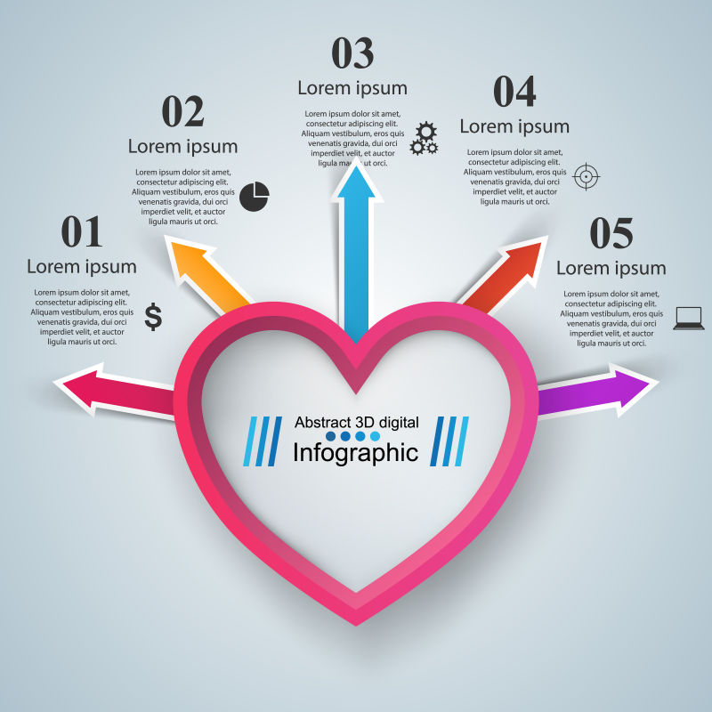 抽象矢量立体爱心元素的信息图表设计
