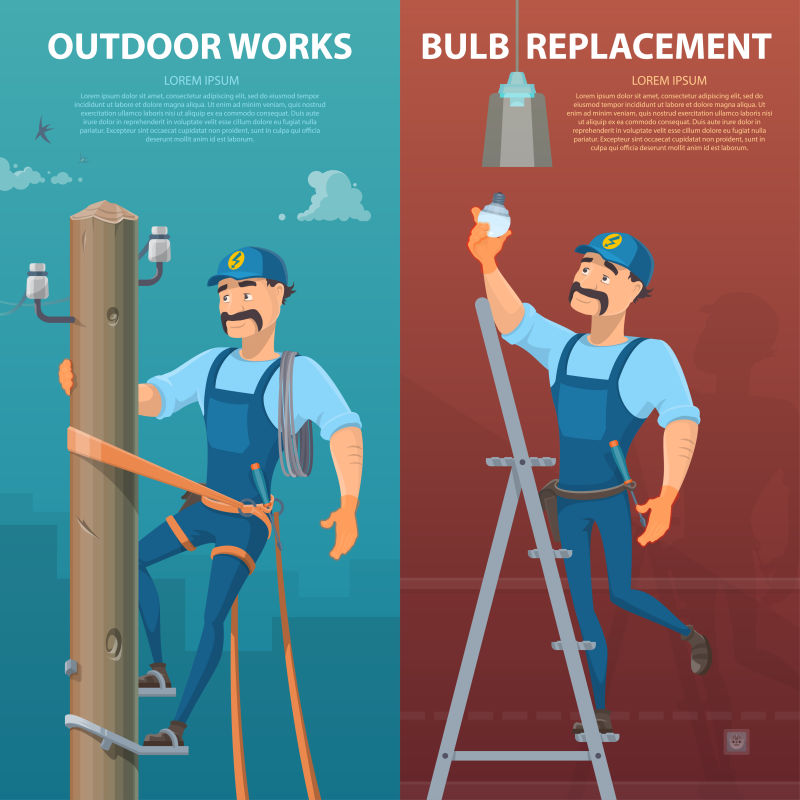 电动剃须刀修复高压输电线路更换灯泡矢量插图