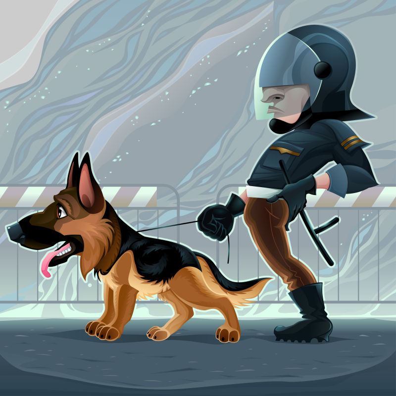 创意矢量卡通遛狗的警察插图