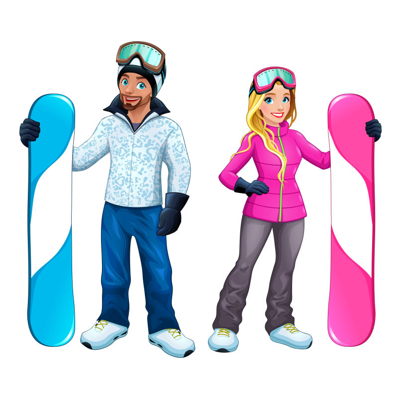 创意矢量年轻的滑雪男孩和女孩插图