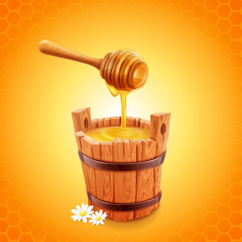 矢量蜂一木桶蜂蜜和蜂蜜棒