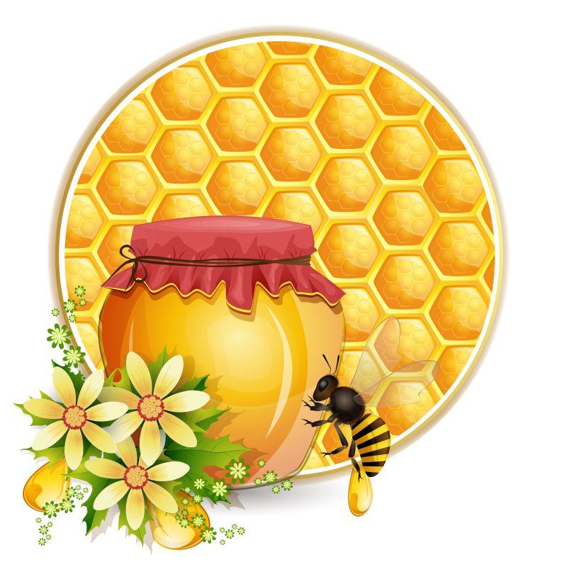 矢量蜜蜂和蜂蜜罐头的背景