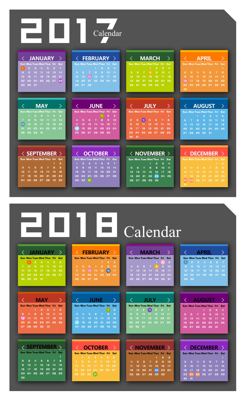 矢量2017和2018年五颜六色风格日历设计