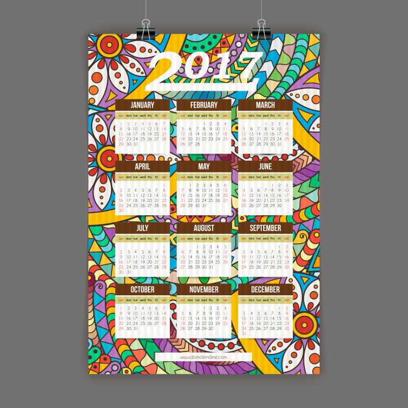 矢量2017五颜六色涂鸦手法日历设计