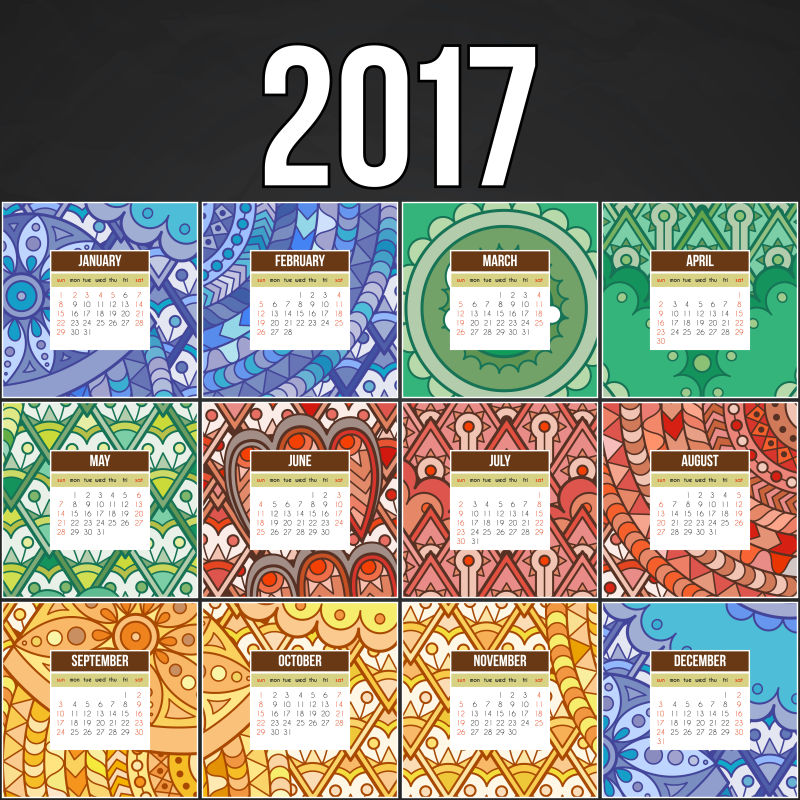 五颜六色的涂鸦的风格矢量2017日历设计