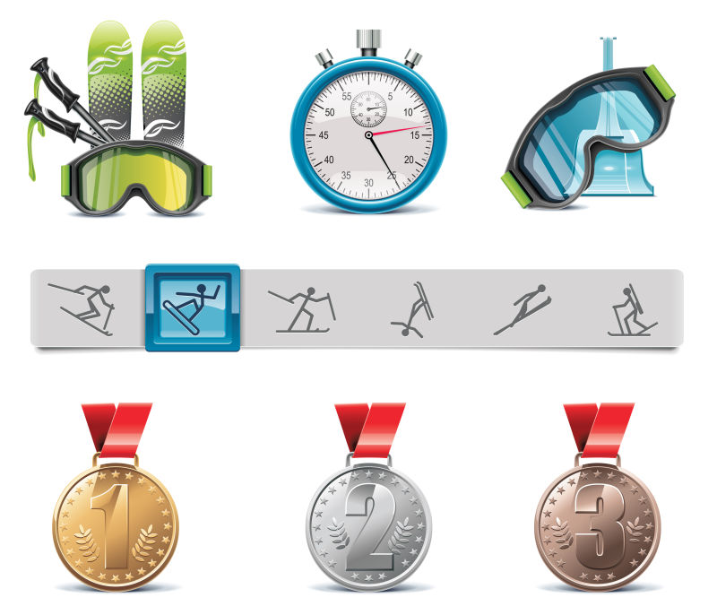 矢量滑雪运动器材和奖牌