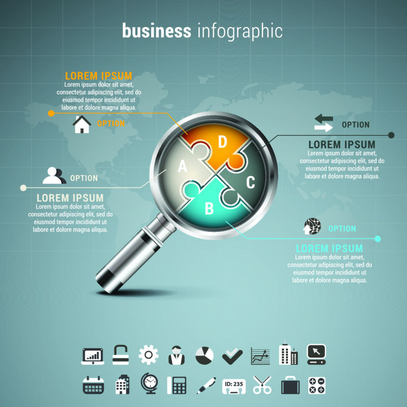 矢量插图的商业信息图表与放大镜