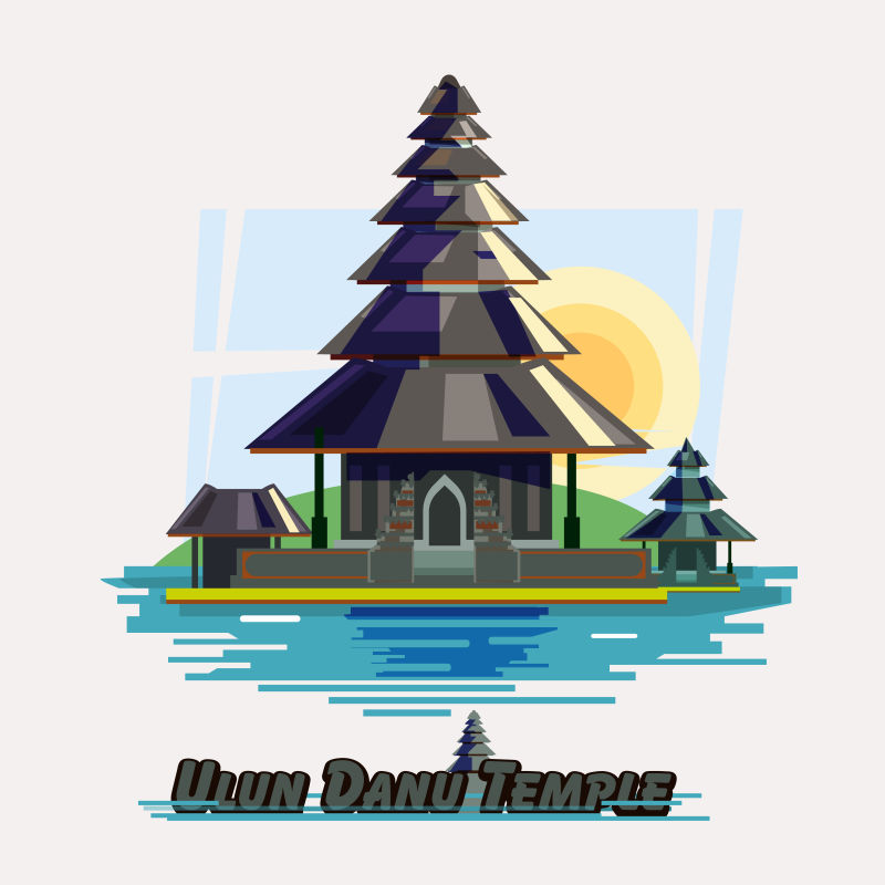 印度尼西亚巴厘乌伦达瑙寺矢量卡通设计