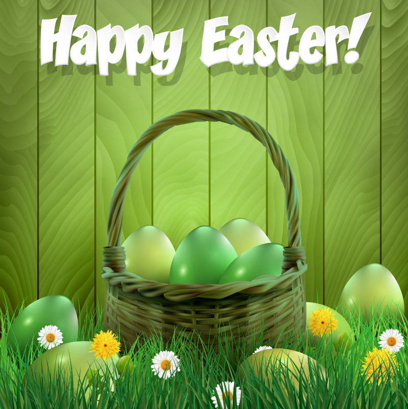 复活节篮子里的绿色复活节彩蛋矢量插图