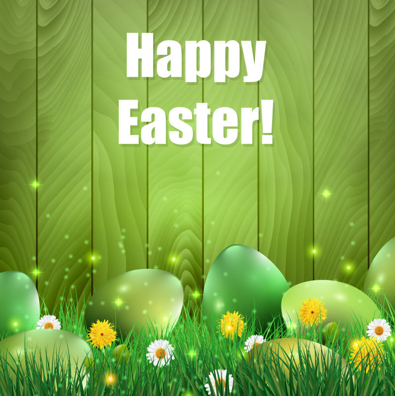 绿色木制背景的绿色的复活节彩蛋矢量插图