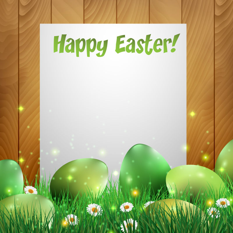 木制背景和白纸前的绿色复活节彩蛋矢量插图