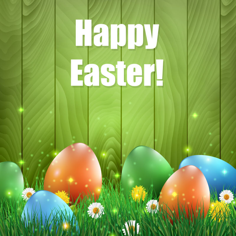 有绿色木制背景的复活节彩蛋和草地矢量插图