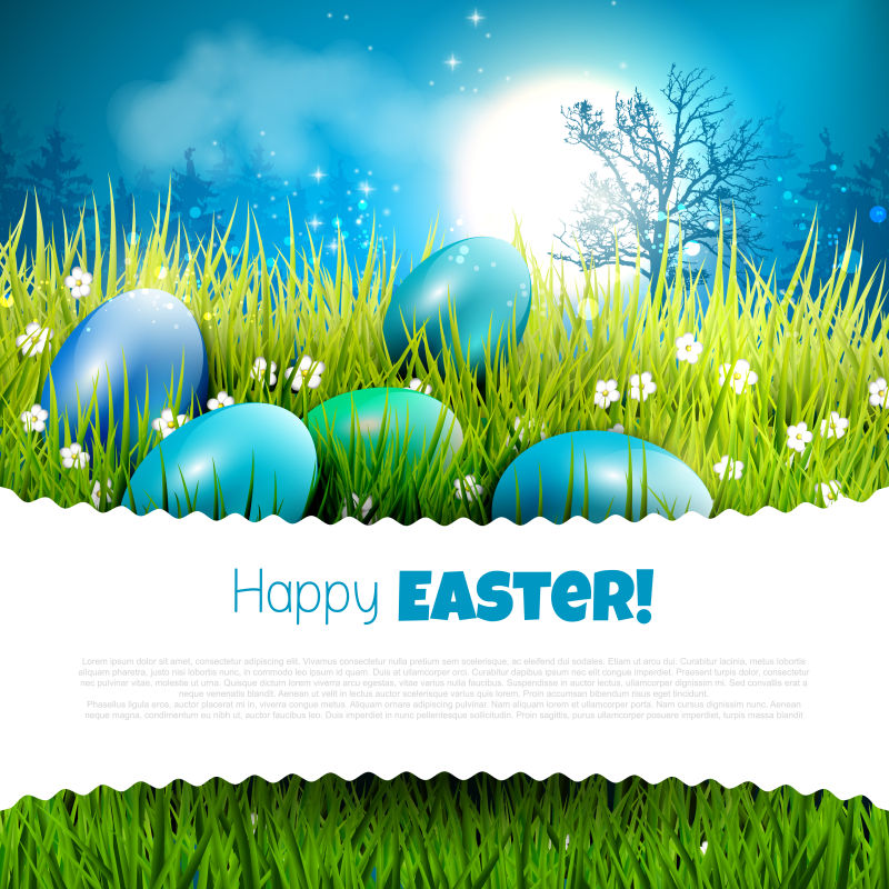 上面有鸡蛋和草地的蓝色的复活节贺卡矢量插图