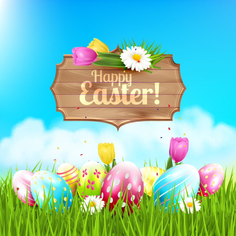 草地上有木牌和彩蛋和鲜花的复活节贺卡矢量插图