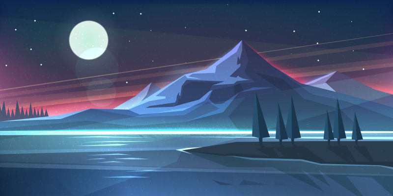创意矢量森林湖泊夜景的卡通海报设计