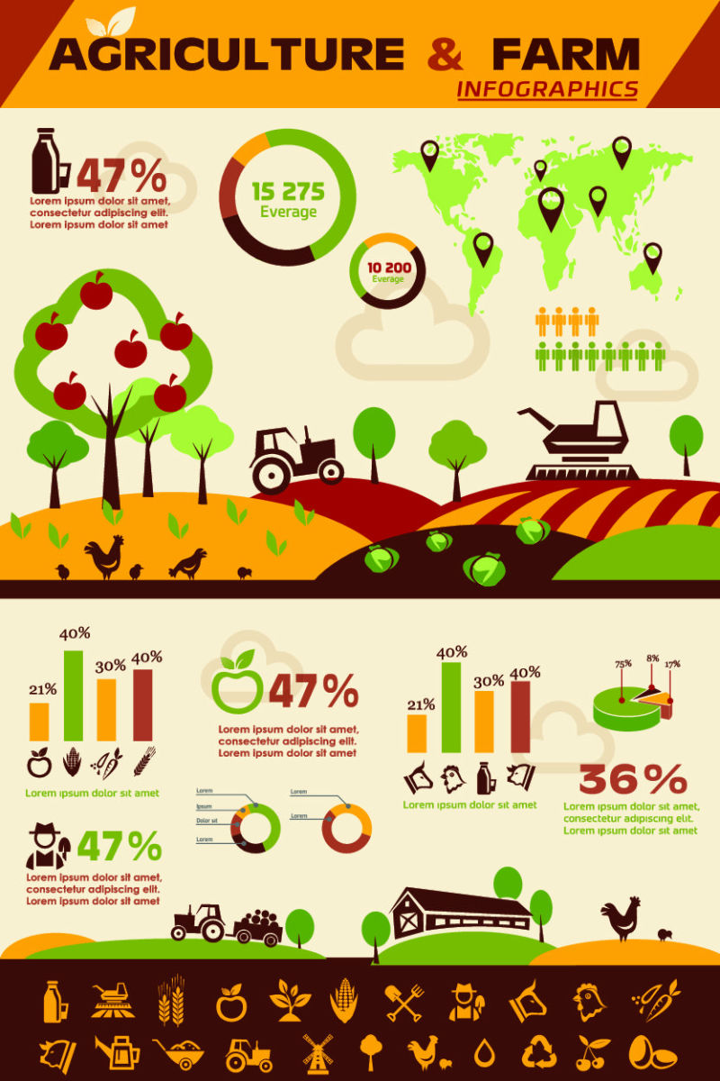 抽象矢量平面风格的农场信息图表插图