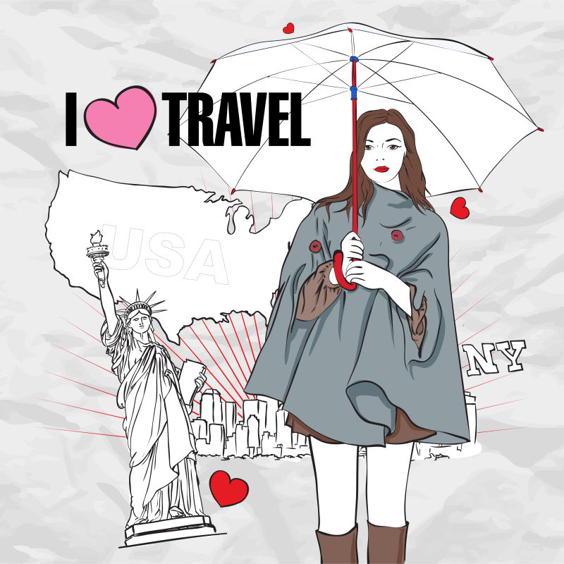 创意矢亮在美国旅游的年轻女孩时尚插图