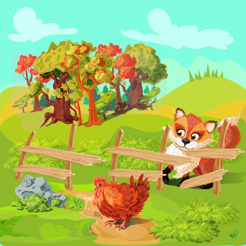 田园风光鸡和狐狸矢量插图