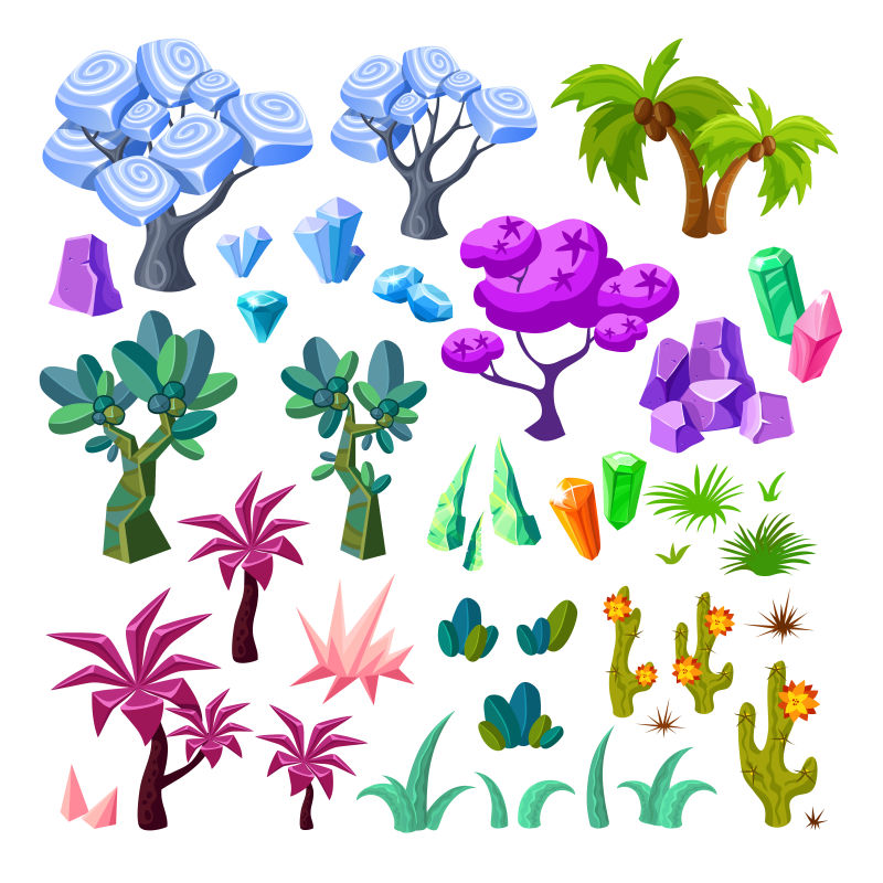 卡通植物景观元素设计矢量插图