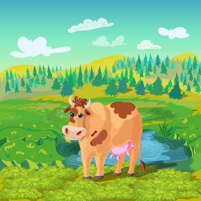 绿野田地上的奶牛矢量卡通插图
