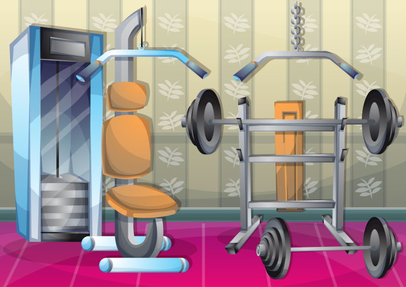 创意矢量健身房中的健身器材插图