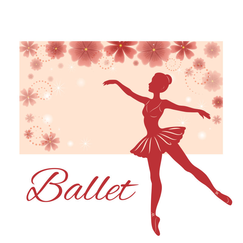 美丽的红花下跳舞芭蕾舞演员的剪影矢量插图