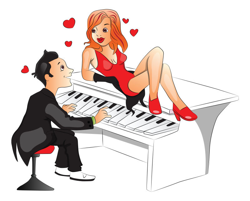 矢量男子为坐在钢琴上的女子弹钢琴