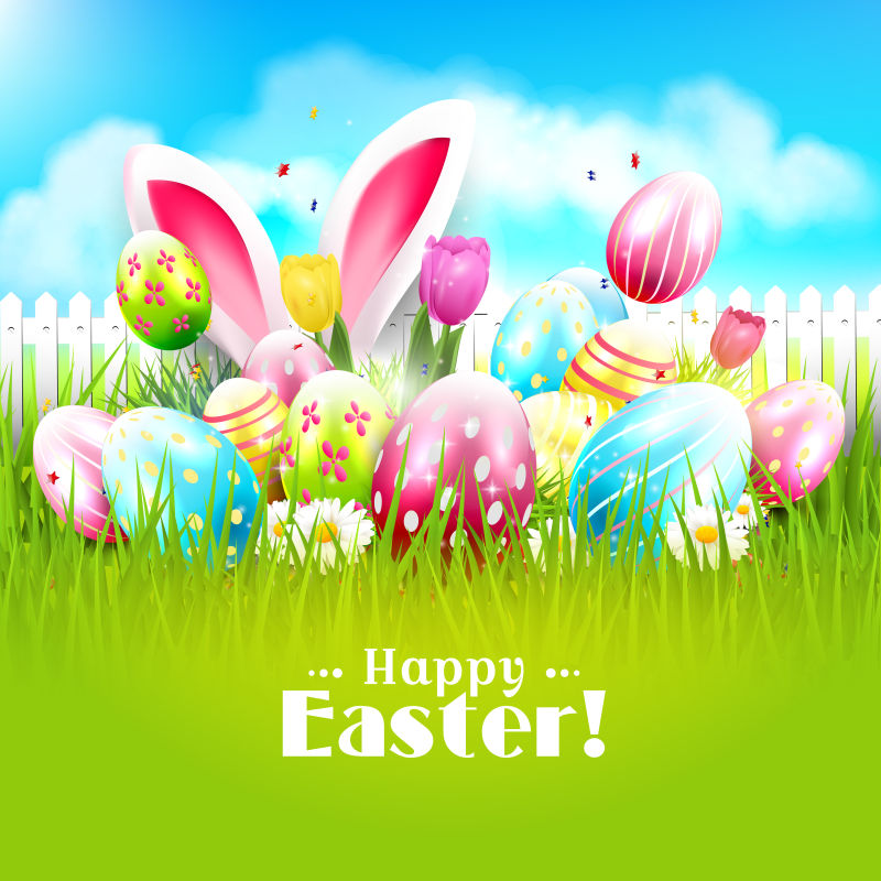 有彩色的蛋和兔子的耳朵在草地上的矢量复活节贺卡