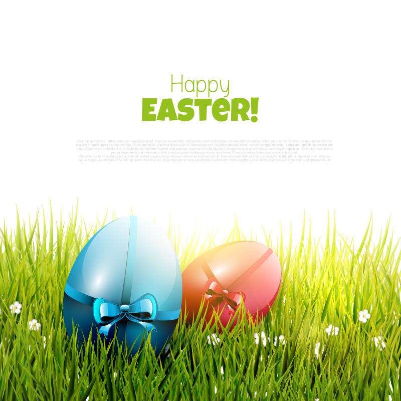 复活节背景与彩色鸡蛋在草地的矢量插图