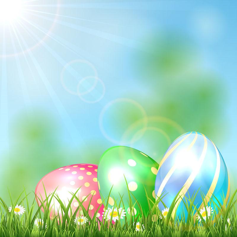 在草地和阳光下闪闪发光的蛋矢量插图
