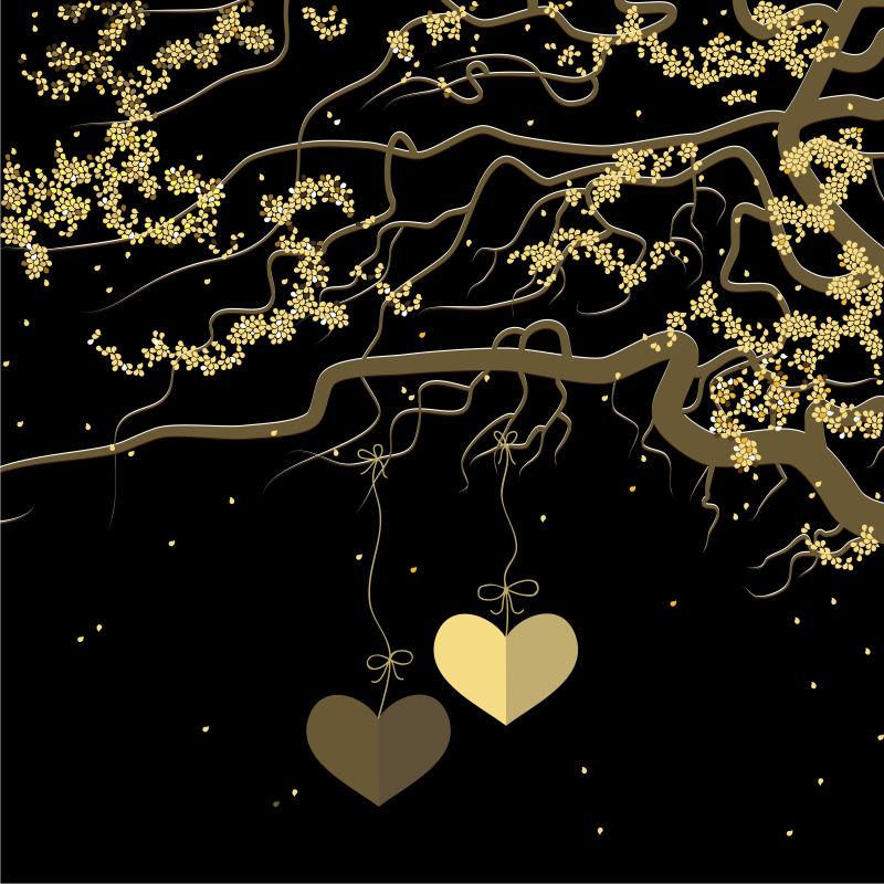 矢量两颗金色的心在树枝上