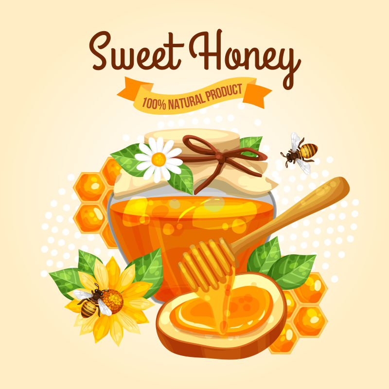 甜美蜂蜜海报在米色背景矢量插图