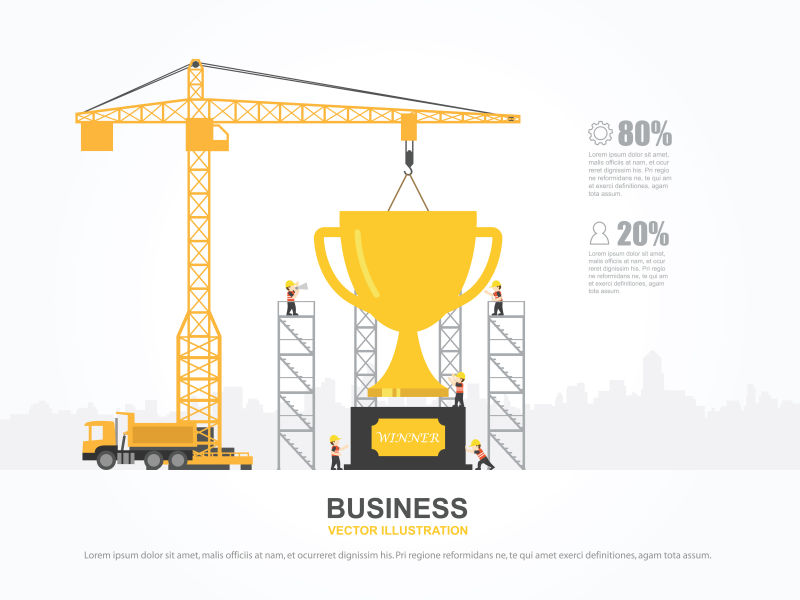 带有起重机和奖杯建筑的信息图表矢量插图