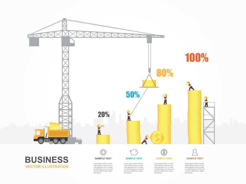 带有起重机和钱币建筑的信息图表矢量插图
