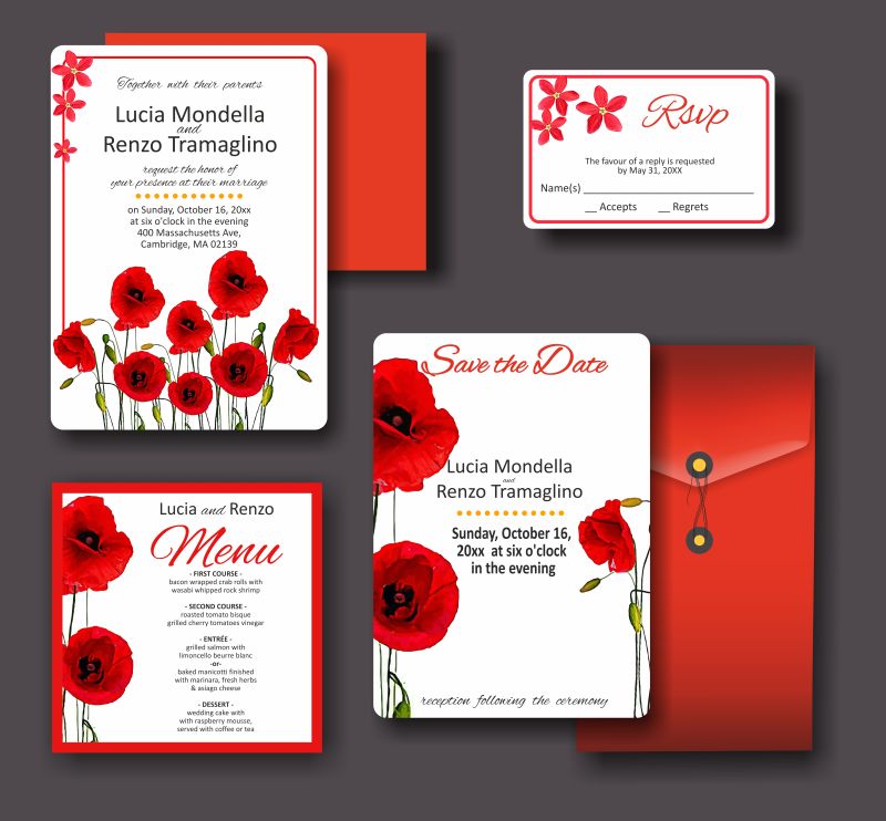 创意矢量红色花朵元素的婚礼请帖设计