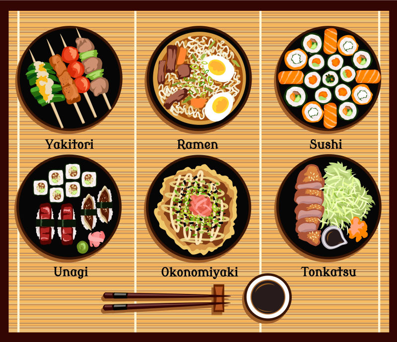 抽象矢量各种日本料理平面插图