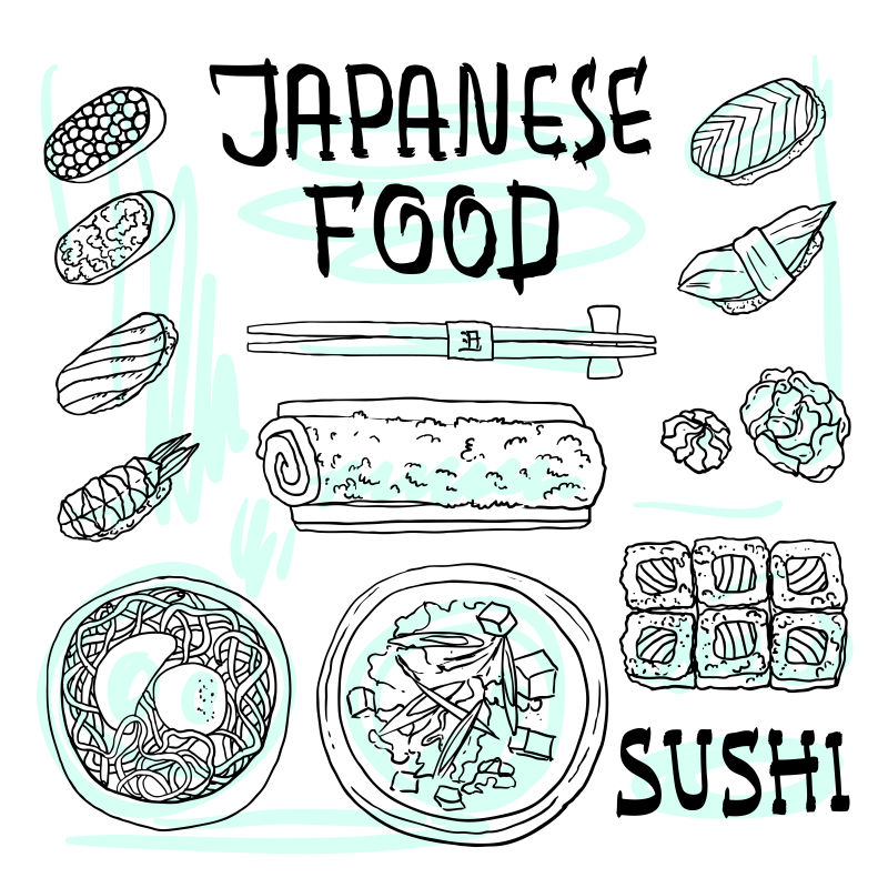矢量手绘日本食品套装