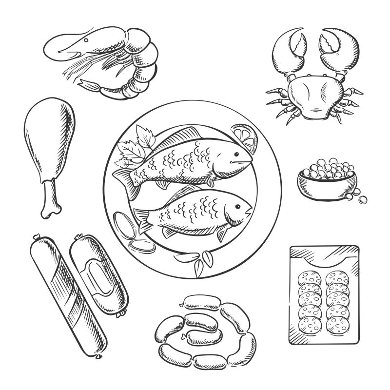 矢量海鲜大餐手绘素描插图