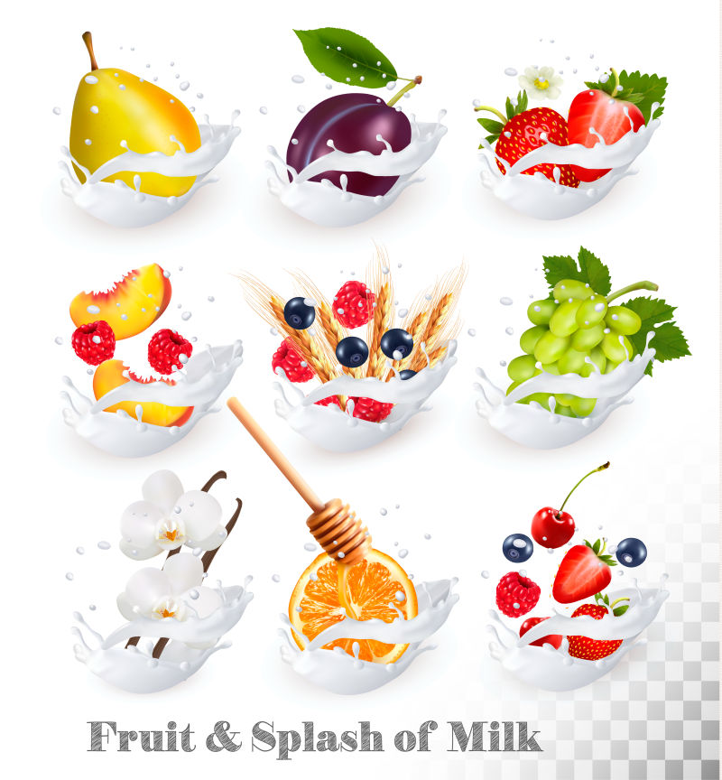 抽象矢量牛奶中的各种水果插图