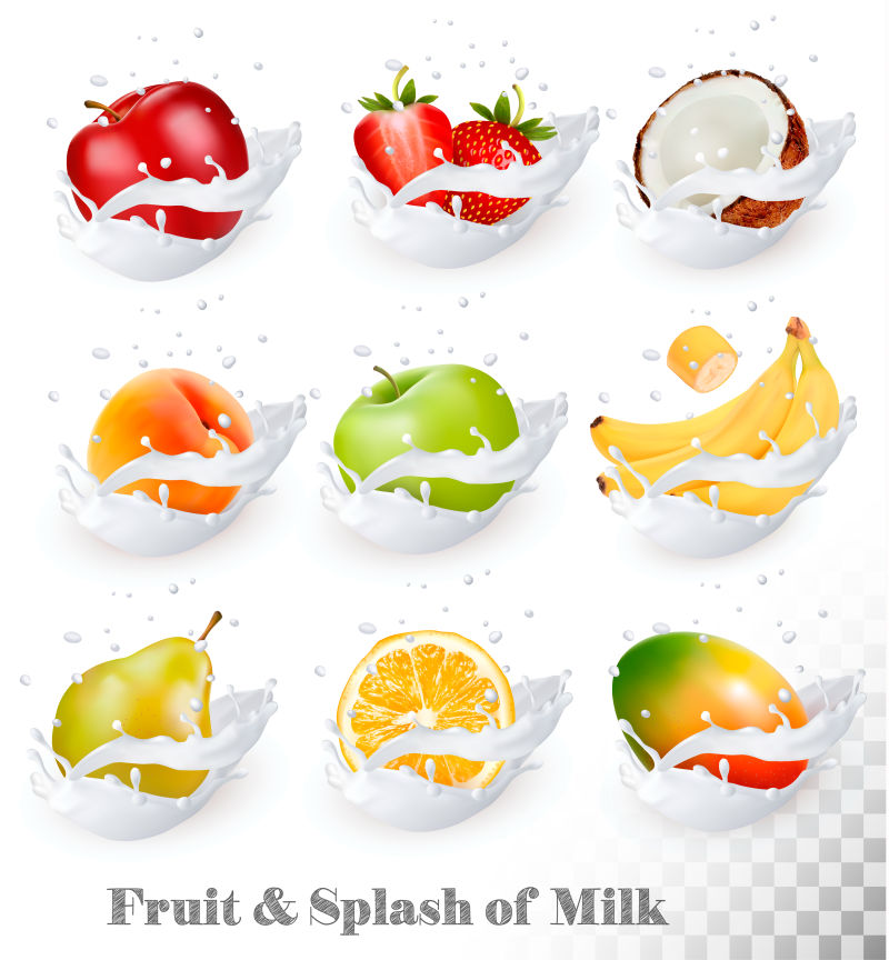 创意矢量大量牛奶中的水果插图