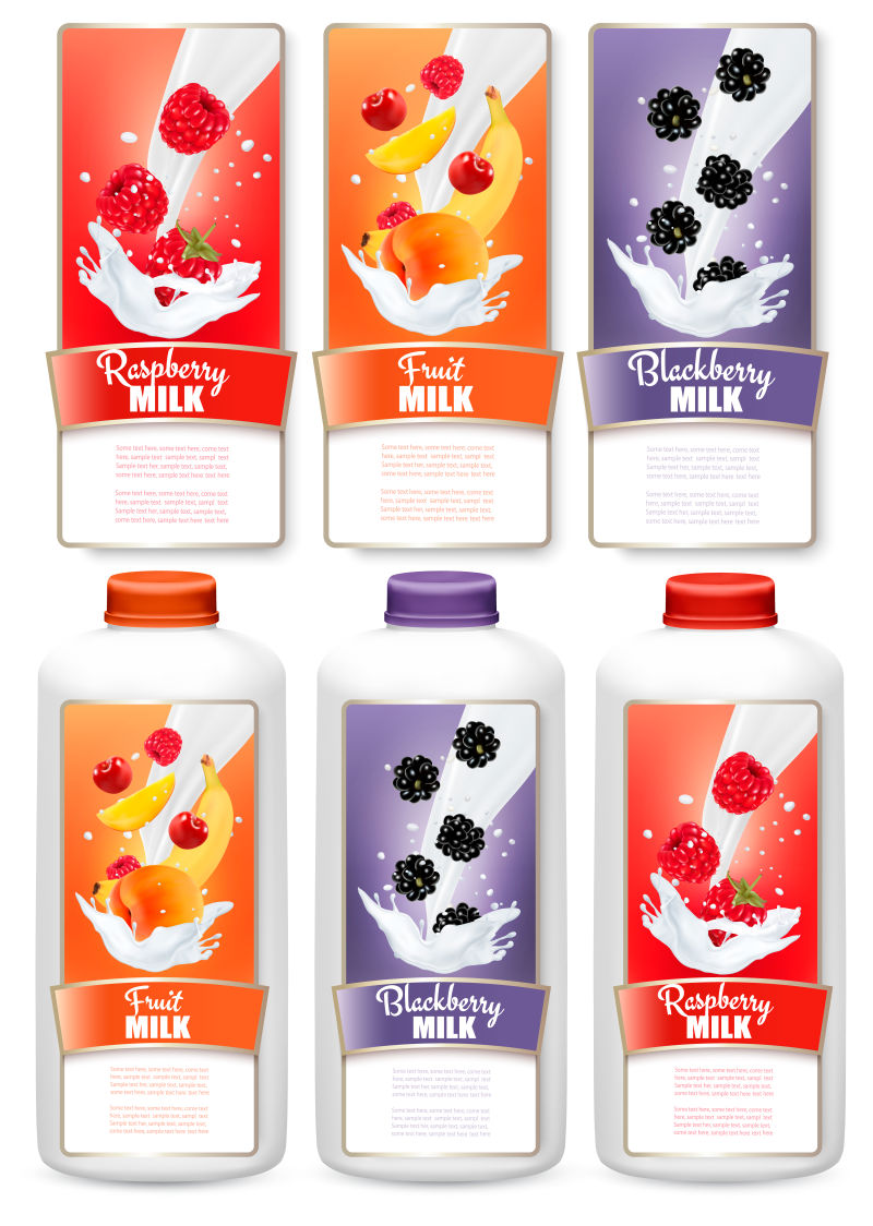 抽象矢量不同包装的水果牛奶插图