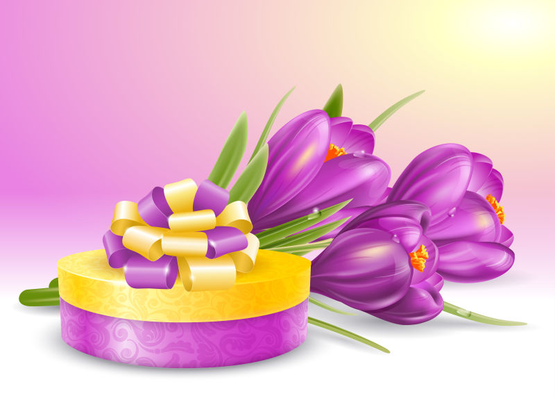 创意矢量卡通紫色花卉和礼物