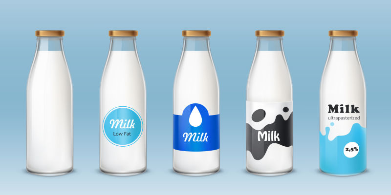 一套带有牛奶的图标盛满牛奶的玻璃瓶插图矢量