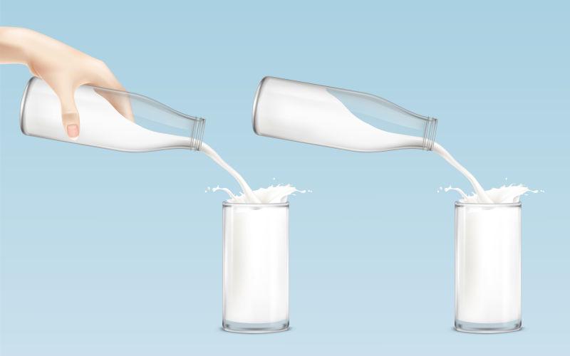 把一瓶牛奶从杯子里倒进玻璃杯里的矢量插图