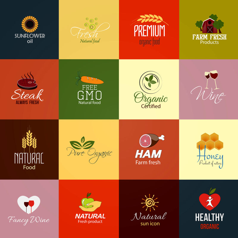 矢量一套天然食品和饮料logo与图标