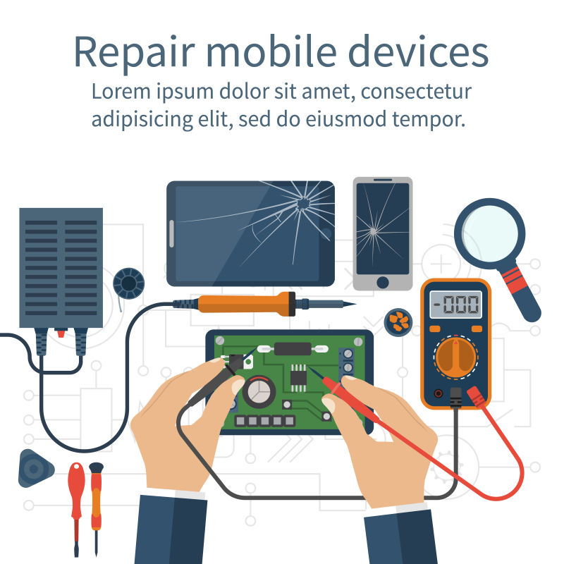 矢量现代手机维修服务的平面设计插图