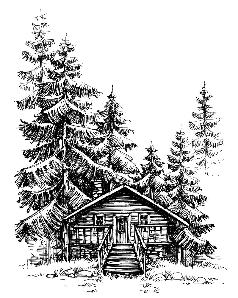 创意矢量手绘冬季松树林中的木屋插图